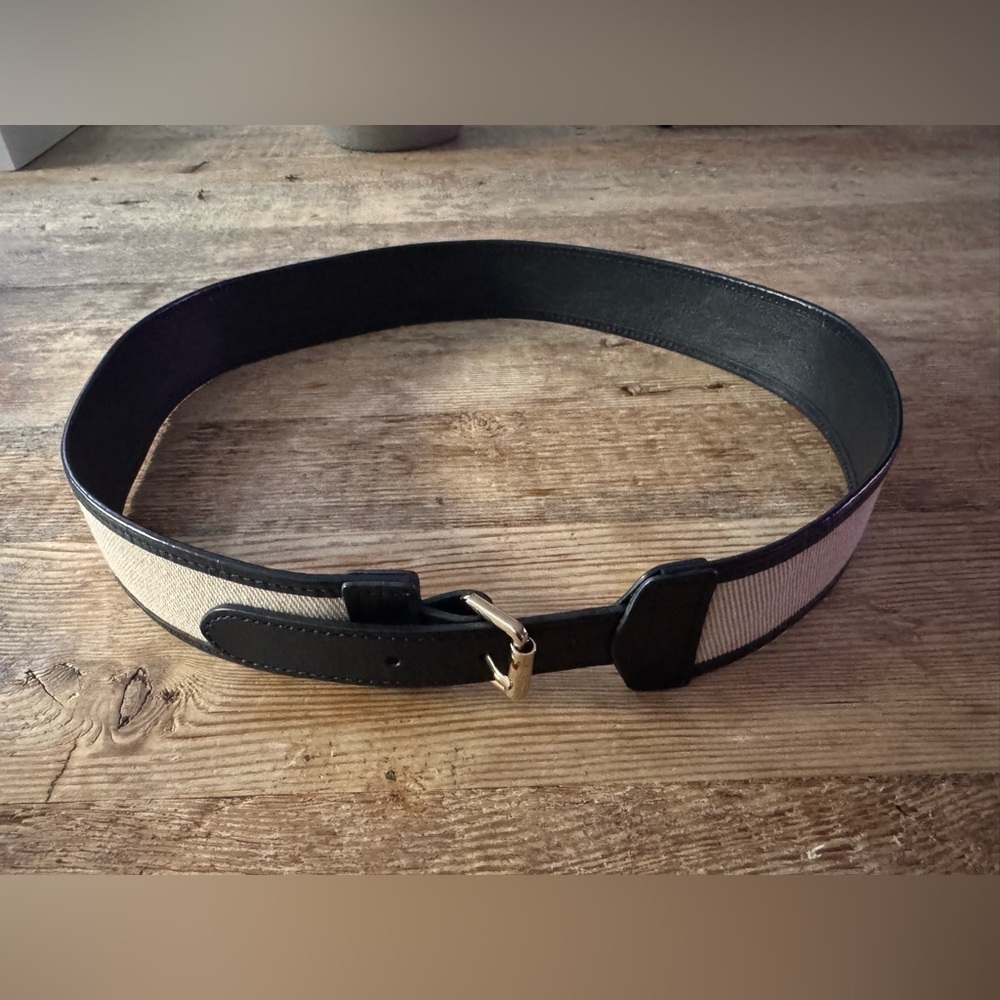 J. Crew Womens Black Leather Natural Twill Insert Corset Waist Belt Size Large - Picture 1 of 10